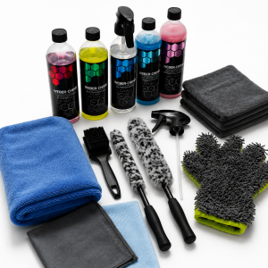 CarMic Ultimate Auto Pflege Set XXL – Komplettset für Fahrzeugpflege mit 5 Reinigern, Premium Mikrofasertüchern & Felgenbürsten